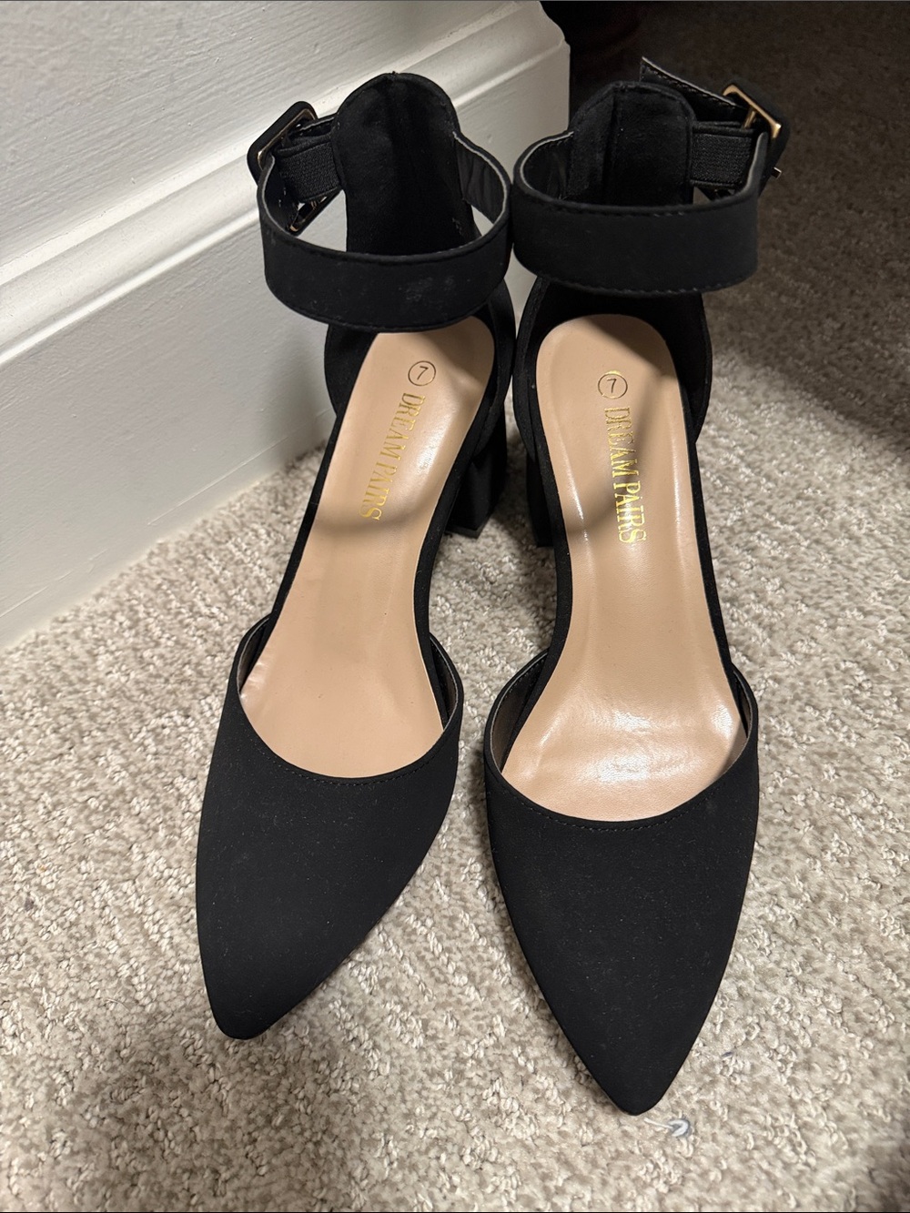 Dream Pairs Black Pointed Ankle-Strap Block Heels with Buckle